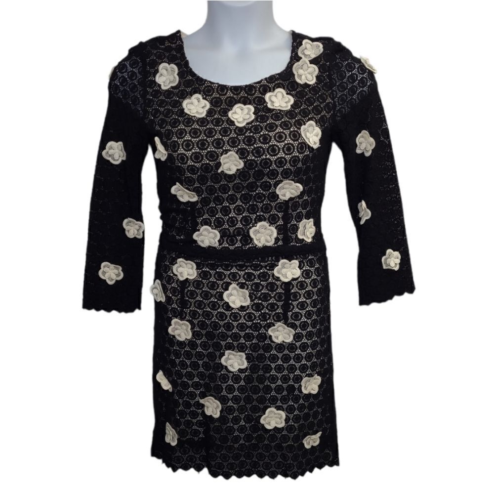 DOLCE & GABANNA black knit crochet white floral 3/4 sleeve‎ bodycon dress M